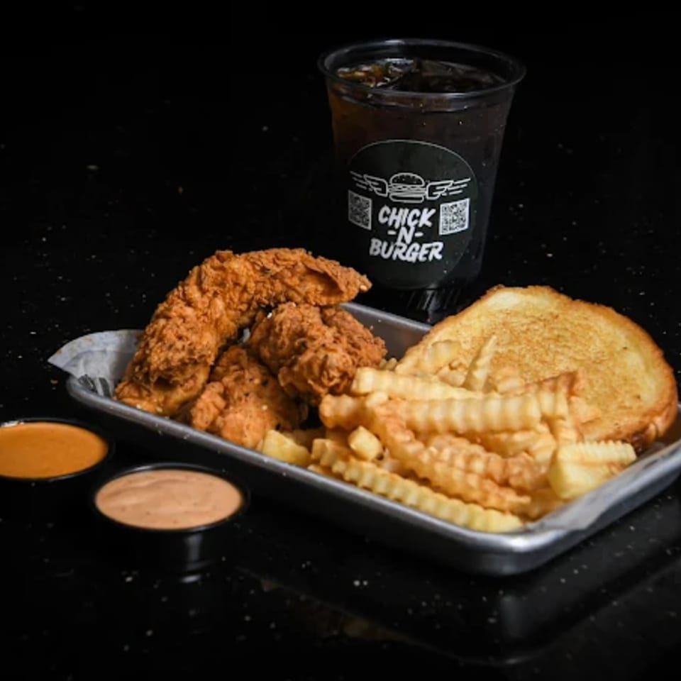 Chick N Burger chicken tenders, crinkle fries, Texas toast, two sauces, and a soda.