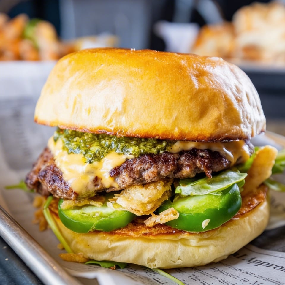 A Chick N Burger with a beef patty, melted cheese, pesto, jalapeños, and crispy onions.